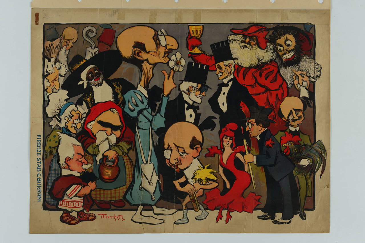 caricature di personaggi maschili e femminili (manifesto) by Marchetti Romeo (se